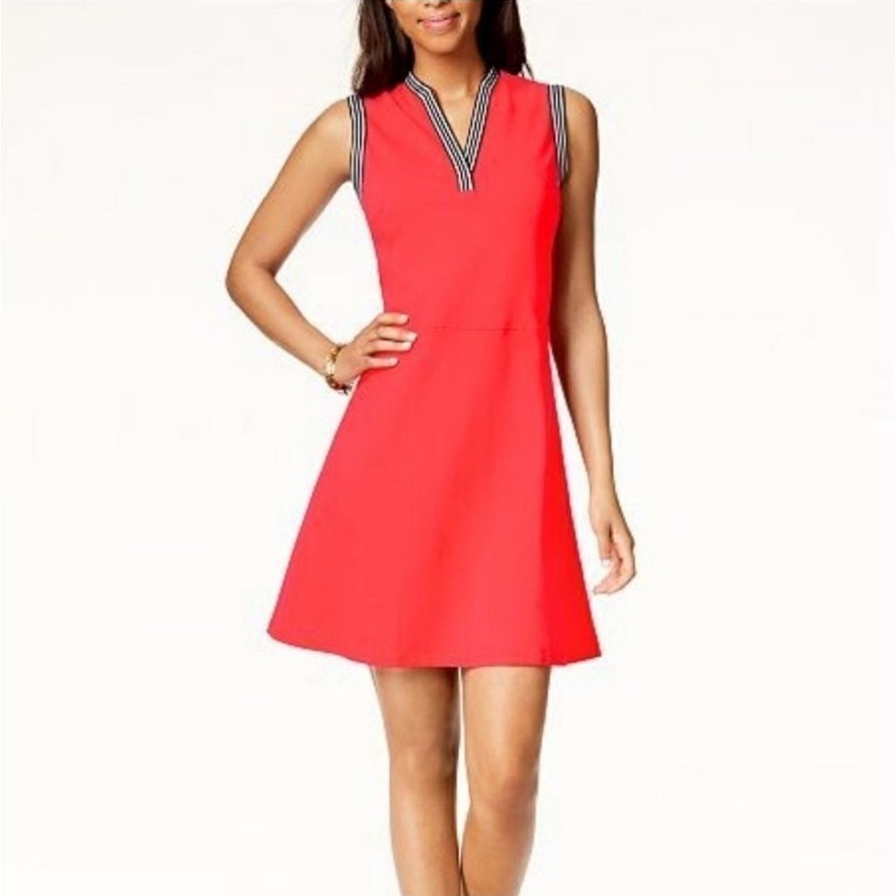 Tommy Hilfiger Striped Trim A-Line Sleeveless Red Knit Dress Size L NWT Preppy